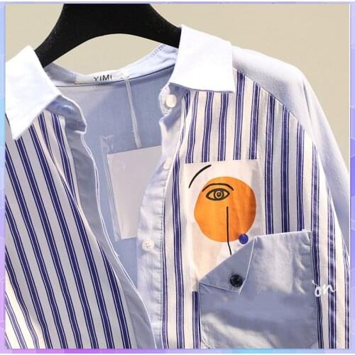 Blue stripe Tee Shirts Women Patchwork Long Tops Summer Casual Long Sleeve Vintage T-shirts Plus Size 2XL Tunic Loose Blusas