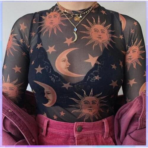 Sun Moon Printed T-Shirt Women Sexy T-shirts Transparent Mesh Tee Shirt O-Neck Long Sleeve Slim Basic Female See Through Tops