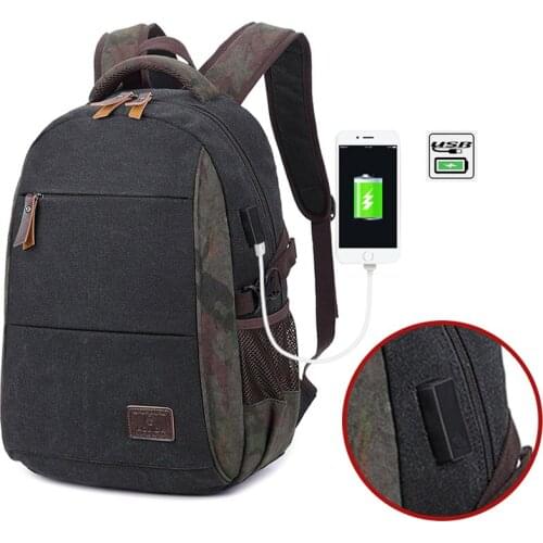Canvas Backpack for Men Travel Large Capacity Bagpack Male USB School Bag for Boy/Girl Shoulder Bag Computer Rusck Bags-Black
