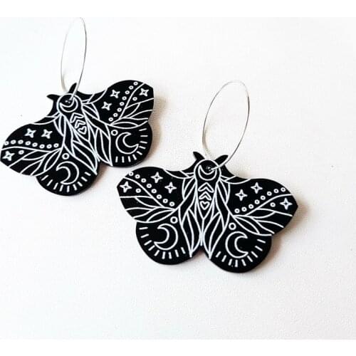 Personality Acrylic Insect Moon Black Symphony Moth Butterfly Wing Earrings