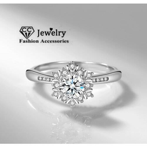 CC Rings For Women Solid 925 Silver 5.75mm 0.7ct Cubic Zirconia Snowflakes Bridal Wedding Promise Ring Fine Jewelry CC1621
