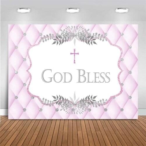 Newborn Baby Baptism Backdrop God Bless Photo Background Decor Blue Pink Baby Shower Photography Backdrop Photocall Photo Studio