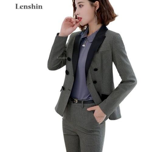 Lenshin High-quality 2 Piece Set Houndstooth Formal Pant Suit Blazer Office Lady Design Women Soft Jacket and Full-Length Pant