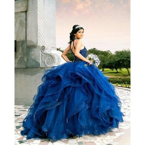 New Backless Blue Quinceanera Dresses For 15 Years Gilrs Ruffles Skirt Beaded Sweet 16 Dress Pageant Gowns