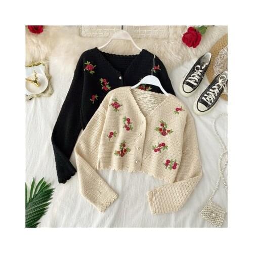 New Female Fashion Woolen Cardigan Jacket Chic Floral Long-sleeve Spring and Autumn Embroidery Loose Umbilical Knit Street Sweat