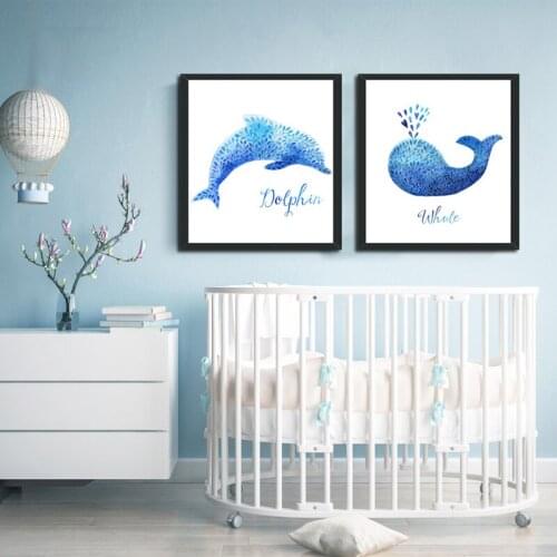 Cartoon Spray Color Abstract Dolphin Whale Fish Posters and Prints Canvas Painting Home Decoration Wall Picture Children Nursery
