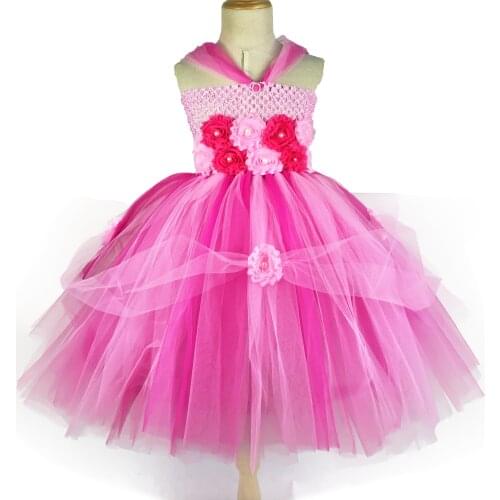 Girls Fluffy Pink Princess Tutu Dress Kids Crochet Tulle Dress Long Ball Gown with Flowers Children Birthday Party Costume Dress