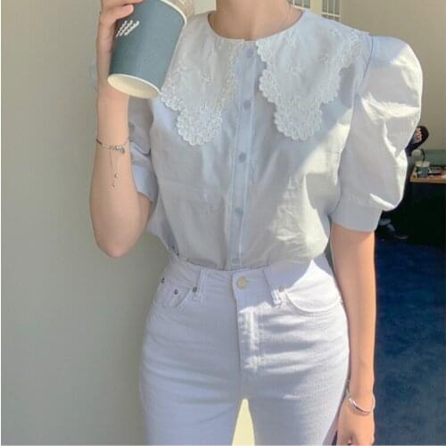 Baby Collar Short Sleeve Shirt Womens Summer Retro Temperament Bubble Sleeve Super Fairy Foreign Style Small Shirt Sweet Top