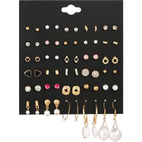 30Pairs/Set Bohemian Trendy Simulated Pearl Earrings For Women 2020 Fashion Jewelry Crystal Flower Earrings Set