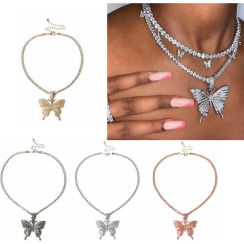 Sparking Fully Iced Out Crystal Pave Butterfly Pendant Cubic Zircon 3D Butterfly Pendant Necklace Fashion Jewelry
