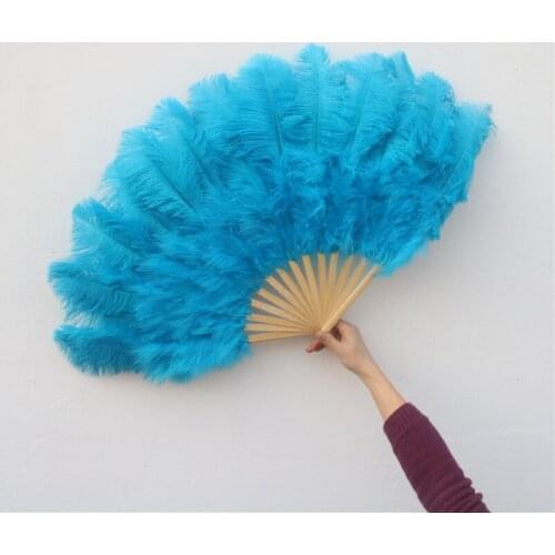 High Quality Blue Ostrich Feathers Fan Plume Party Carnival Performance 15 Bones Feather Fan