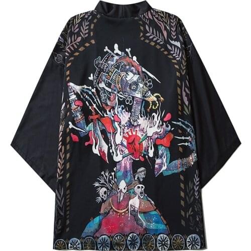 Japanese Kimonos Casual Vintage Mural Skeleton Print Yukata Summer Women Men Loose Shirt Cardigan Cosplay Asian Clothes V2029