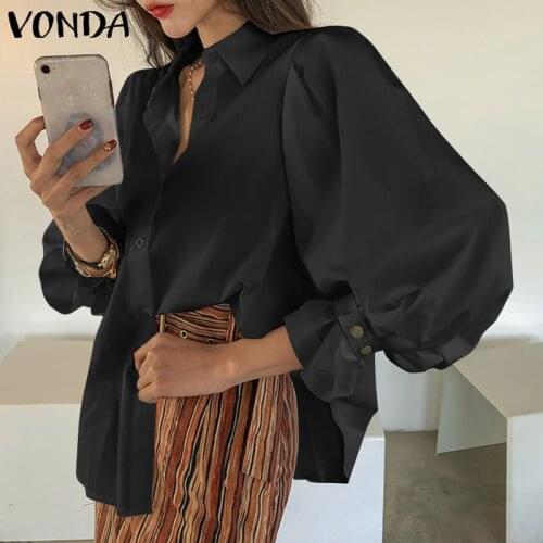 Women Tops 2021 VONDA Ladies Casual Turn Down Neck Long Lantern Sleeve Solid Shirts Spring Bohemian Blusas Femme Elegant Blouse