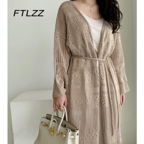 New Spring Autumn Long Cardigan Women Vintage Long Sleeve Solid Hollow Out Knit Cardigan Woman Elegant Oversized Cardigan