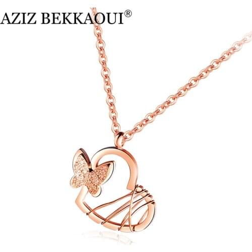 AZIZ BEKKAOUI Simple Style Rose Gold Heart Pendant Necklace Stainless Steel Butterfly Necklace for Women Jewelry Gift