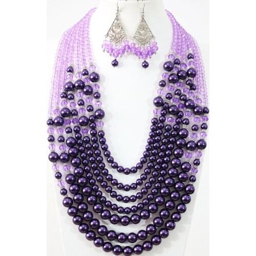 New fashion women purple imitation shell pearl crystal beads 7 rows necklace earrings charms handmade Bohemia jewelry set B1313