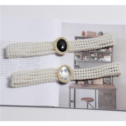 Vintage Pearl Waist Belts Women Big White Black Rhinestone Hook Buckle Elastic Waistband Elegant Ladies Wide Pearl Dress Girdle