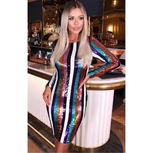 High Quality Sequin Long Sleeve Above Knee Stripe Bodycon Dress Women Evening Party Dress