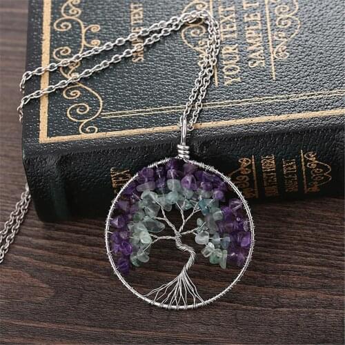12PCS Real Amethysts Fluorite Gravel Natural Stone Necklace 50*50mm Life of Tree pendulum For Women Jewelry Pendants Necklaces