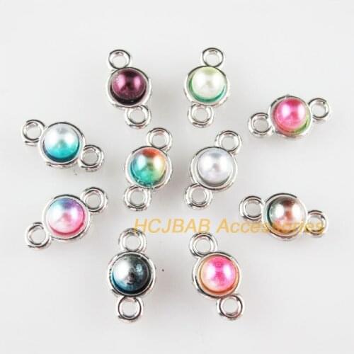 30 New Round Charms Colored Acrylic Dull Silver Plated Connectors 8.5x16mm