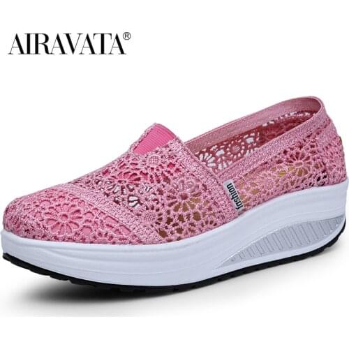 Airavata Summer Fashion Women Thick-Soled Breathable Mesh Lace Slip On Rocker Ladies Sports Fitness Sneakers Walking Shake Shoes