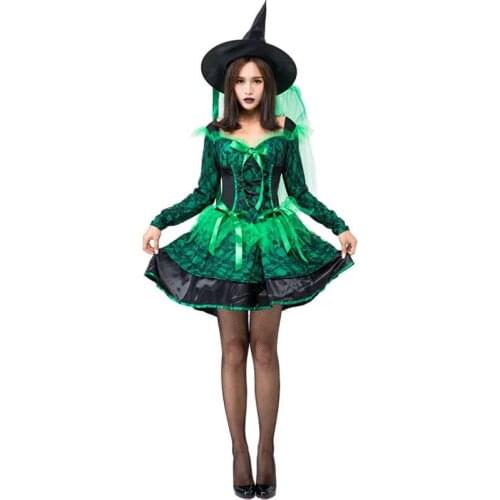 Adult Women Halloween Gothic Green Magic Wicked Broom Witch Costume Fancy Lace Dress & Hat Clothing Set For Teen Girls