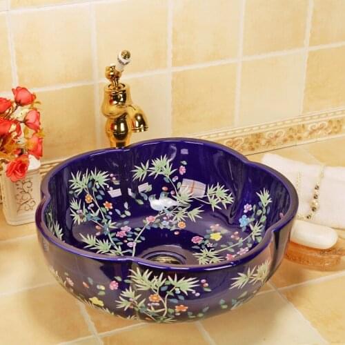 Europe Vintage Style China Handmade Lavabo Washbasin Artistic Bathroom Sink ceramic wash basin bowl flower bird blue color