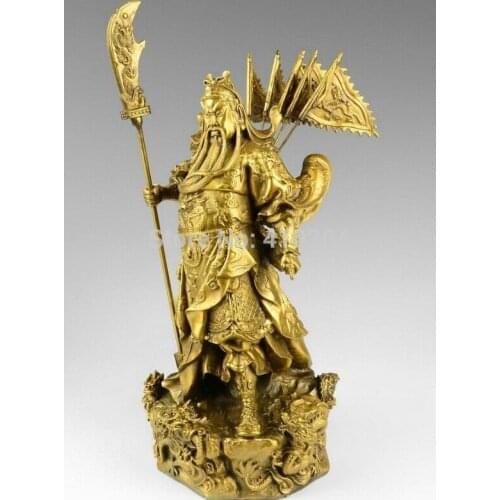 Chinese bronze brass Nine Dragon Warrior Guan Gong/ Yu Statue Figure Yellow
