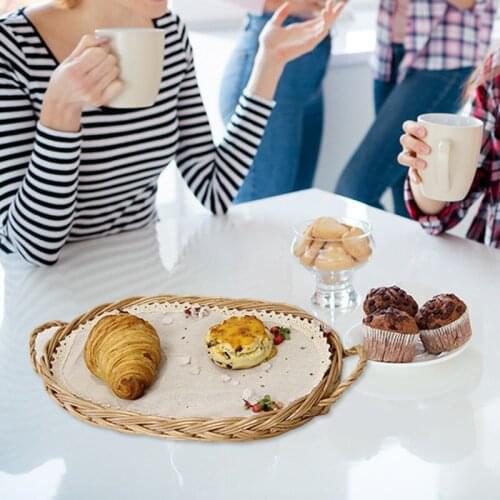 Rattan Basket Hand-Woven Coffee Breakfast Severing Tray Food Storage Platters Bread Plate with Handler For Drink Snack Tea
