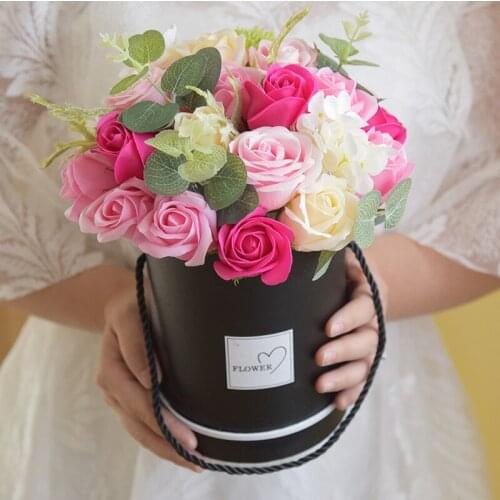 Creative Rose Soap Flower Artificial Bouquet with Black Round Box Brithday Valentines Day Gift Present