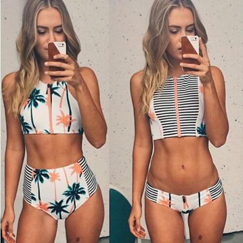 Two Piece set Swimsuit Bikini Padded High Waisted Bathing Suits Zip Up Beachewear palm tree Printed