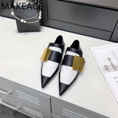 Pointed Toe Personal Women Flat Loafers Metal Square Button Decor Mules Female Two Style Lazy Shoes For Women Zapatos Mujer 2021