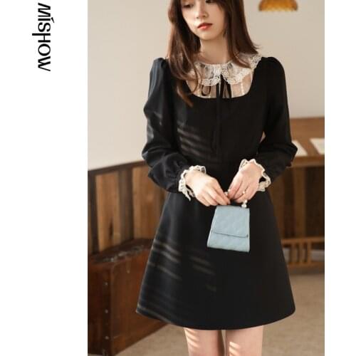 MISHOW Spring New Womens Dress Sweet Bow Lace Peter Pan Collar Patchwork Mini Dress Female Long Sleeve Vestidos MX21A1644
