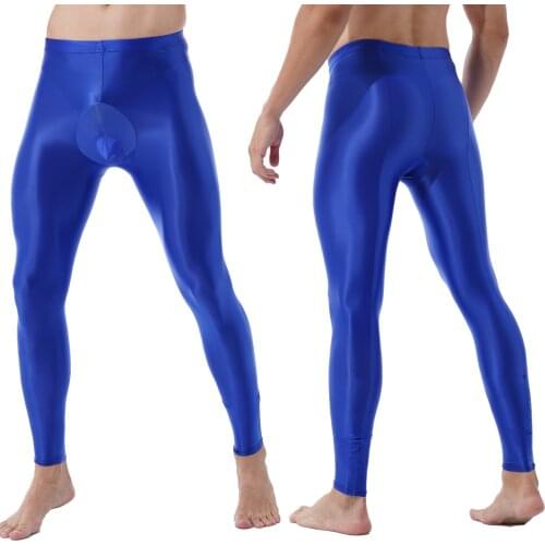 Mens Solid Color Glossy Pants Comfortable Bulge Pouch Pants Mid Elastic Elastic Waistband Stretchy Leggings Exotic Skinny Pants