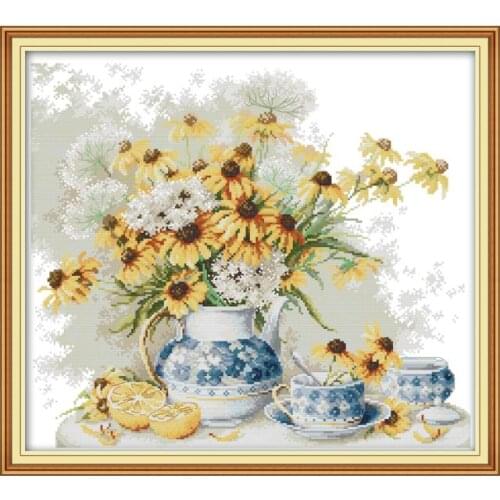 Daisies and Blue and White Porcelain Flowers Patterns Cross Stitch Kits Sale 14CT 11CT Printed Fabric Embroidery Needlework Kits