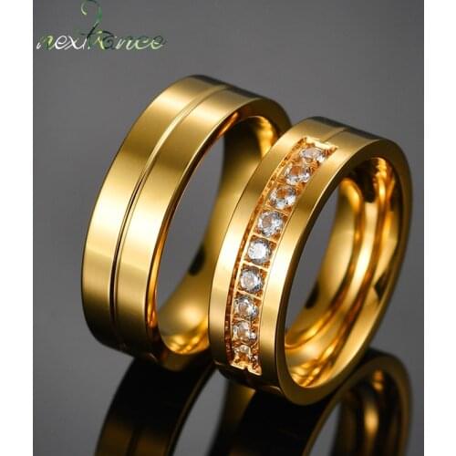 Nextvance Romantic Stainless Steel Cubic Zirconia Couple Rings Gold Color Wedding Band Promise Love Finger Ring 6mm