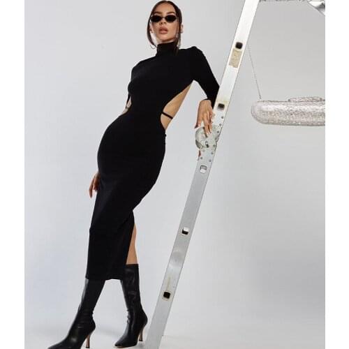 2021 Autumn Winter Backless Turtleneck Party Black Sexy Dresses For Women 2021 Long Sleeve Bandage Bodycon Ladies Midi Dress