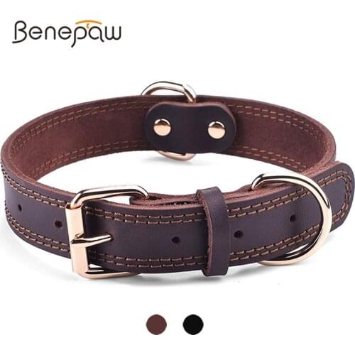 Benepaw Quality Genuine Leather Dog Collar Durable Vintage Heavy-duty Rustproof Double D-Ring Pet Collar For Medium Large Dogs