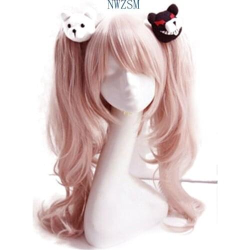 Dangan Ronpa Danganronpa Enoshima Junko Cosplay Wig Pink Long Wavy With Ponytail Clip Heat Resistant Cosplay Wig + Bear Hairpins