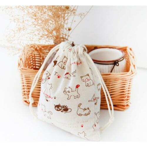 3 Size Animal Design Printed Drawstring Bag Pocket Storage Small Cat Pattern Backpack Women Cotton Fabric Bags