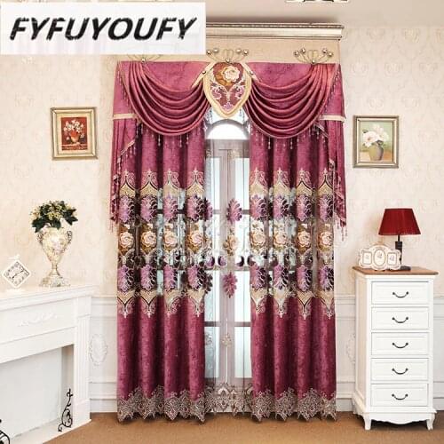 Chenille Purple Luxury elegance Embroidery Blackout curtains for living room French window high quality curtains for Kitchen