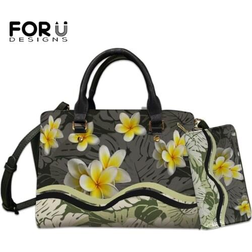 FORUDESIGNS Vintage Womens Bags Polynesia And Floral Design Ladies Large Pu Shoulder Sac And Wallet Set Female Casual Tote Bags