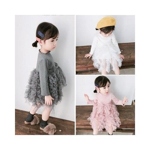 Explosion models childrens spring and autumn new girls baby fake two-piece knitted fluffy sweater stitching bow fluffy dress