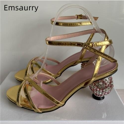 Jeweled Crystal Ball Heel Sandals Women Shiny Patent Leather Cross Narrow Band Strange Heel Summer Banquet Shoes Woman