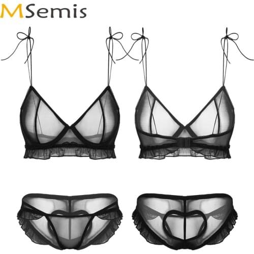 Womens Transparent Sexy Mesh Lingerie Set Cute Ruffled Underwear Outfit Erotic Sheer Bra with Heart Hole Briefs Kawaii Nightwear