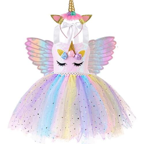 New Unicorn Costumes For Girls Dress With Headband Color wings Dress Up Birthday Tutu Dress Sequin Christmas Clothing Vestidos