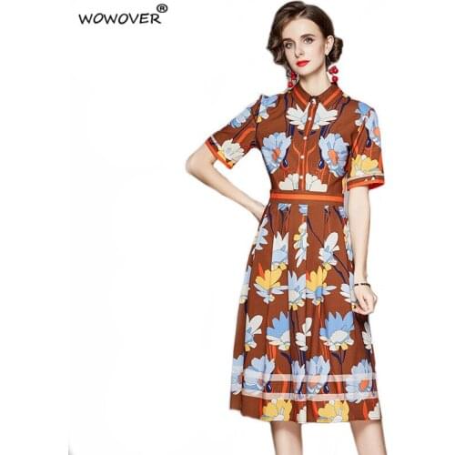 Europe Fashion Summer Clothes for Women 2021 New Runway Short Sleeve Shirt Collar Floral Print Vintage Holiday Dress Casual Robe