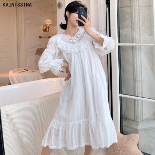 100% Cotton Night Dress Spring Autumn Embroidered Princess Lace Sleepwear Nightdress Vintage Woman Lingerie Nightgown White