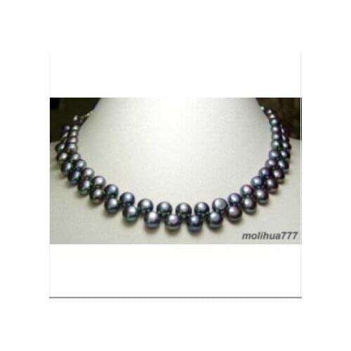 2 Rows Real Black Pearl Silver Clasp Necklace pendant