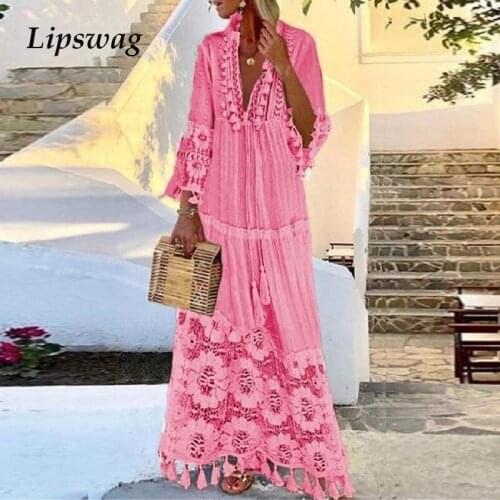 2021 Summer Elegant V-neck Tassel Long Party Dress Women Casual Three Quarter Sleeve Lace Maxi Dress Retro Patchwork Beach Dress